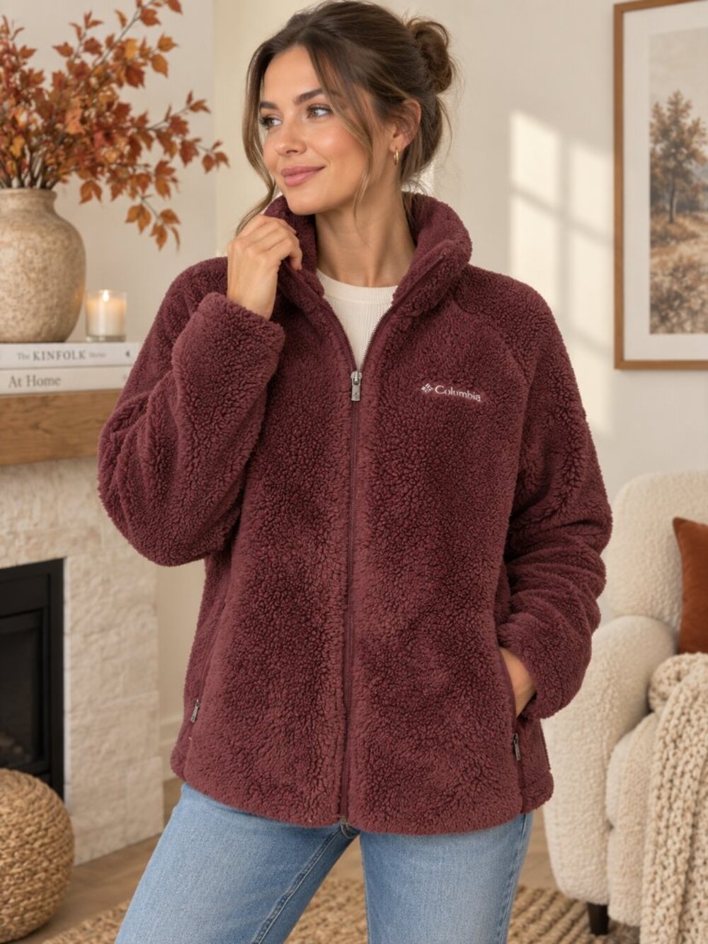 Columbia Plush Sherpa Fleece Jacket Merlot L Full Zip